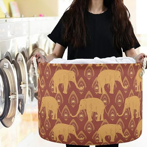 Miniatura 6 de visesunny Cesta de almacenamiento de plumas de pavo real de elefante marrón, cesta étnica india para guardería, cesta organizadora de almacenamiento