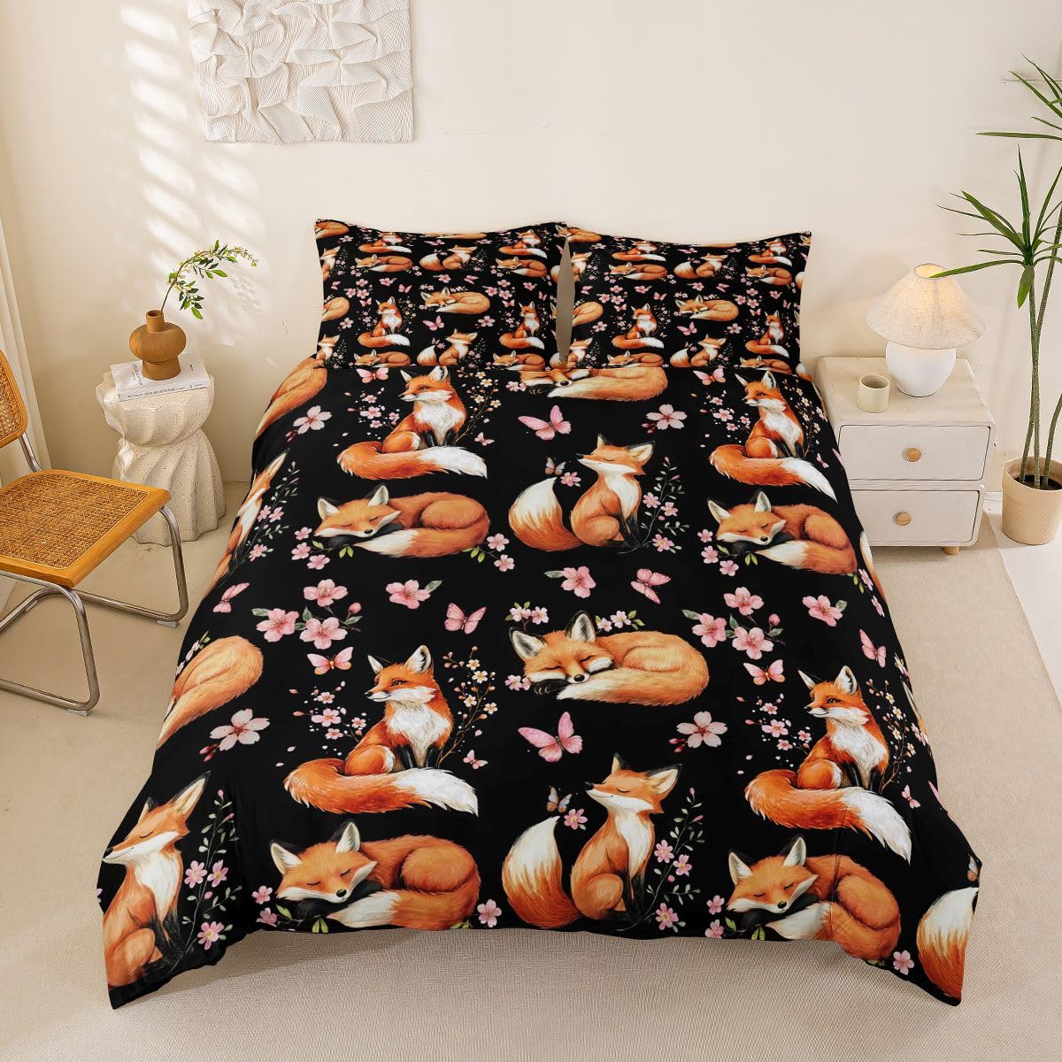 Housse de couette renard 200x200 parure de lit enfant animaux des bois floral boho rose