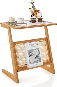 Costway Bamboo Side Table Tempered Glass Top Nightstand Bedside Table Sofa End Table~6085650653060 02c Mp - View #2