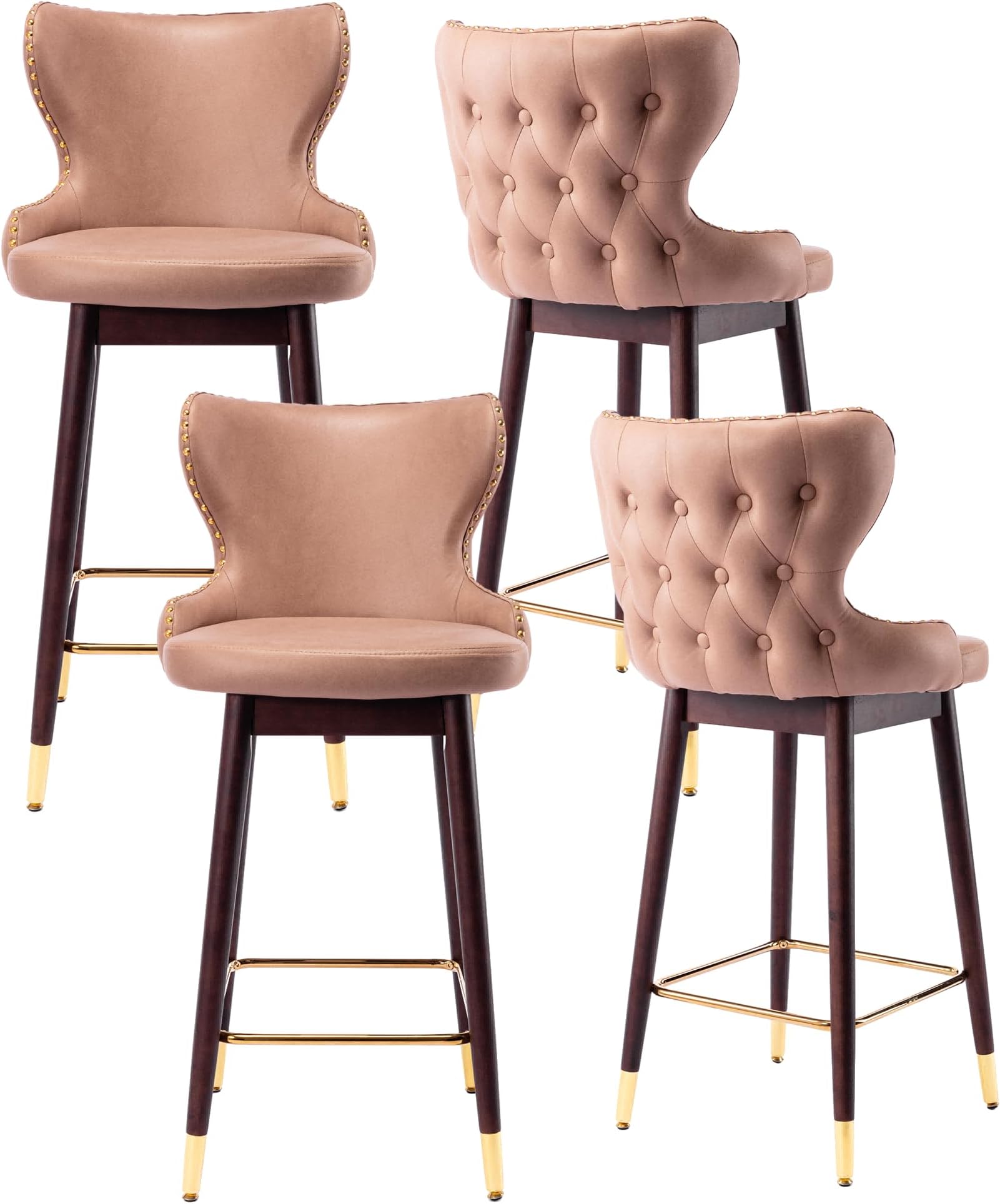 Rhomtree Modern Leather Fabric Upholstered Bar Stools, Barstools with Backs and Solid Wood Legs, 29.9" H Tufted Gold Nailhead Trim Gold Decoration Bar Stools for Kitchen Counter (Set of 4, Khaki)