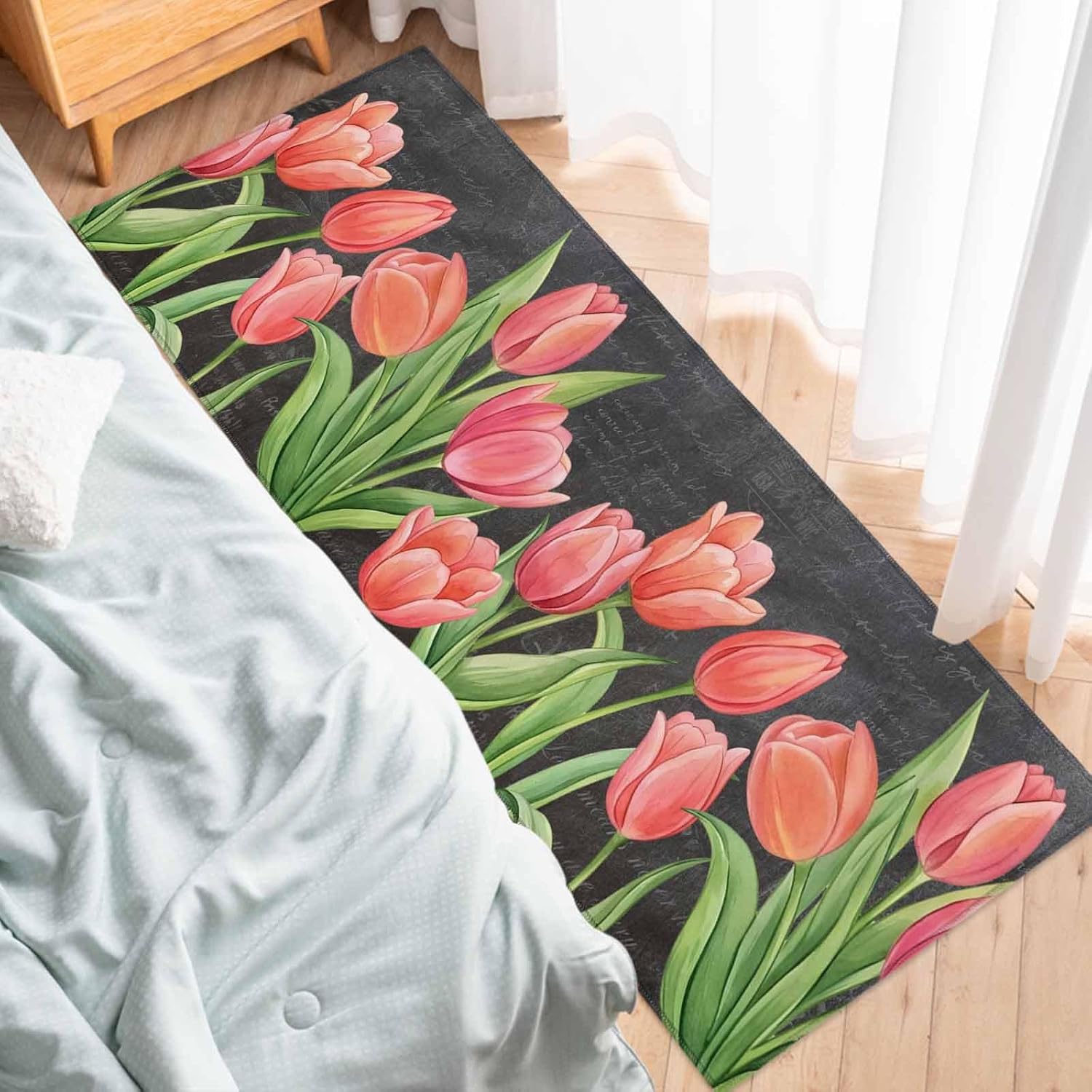Teamery Kitchen Mats for Floor Spring Tulips Pastoral Floral Washable Non Slip Kitchen Rugs 1PCS, Green Botanical on Black Absorbent Standing Mats for Sink Bathroom Office Living Room 23.6x70.9in