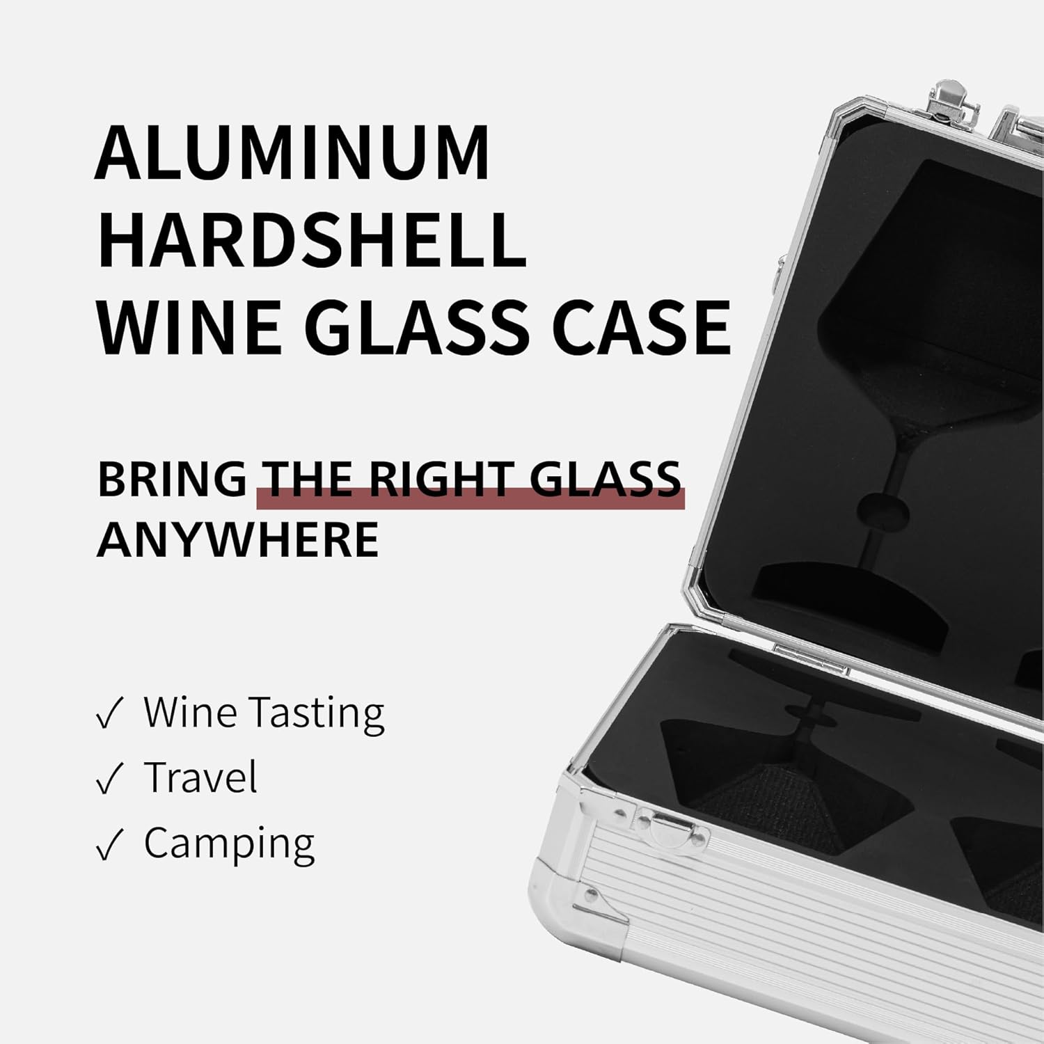 Aluminum Hardshell 2-Glass Wine Glass Case for Josephine No.3 (Silver, Glasses Not Included), Protective Stemware Carrier with Precision-Cut Custom-Fit EVA Foam for Travel and Storage