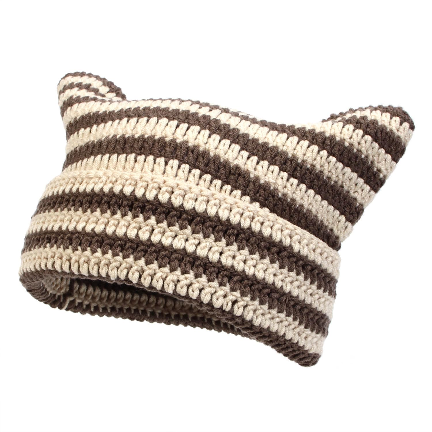 Halohorus Women's Hem Coffee Cat Ear Crochet Beanies Hats For Vintage Knit Fox Yarn Y2k Hat Grunge Accessories Slouchy Beanie Hat