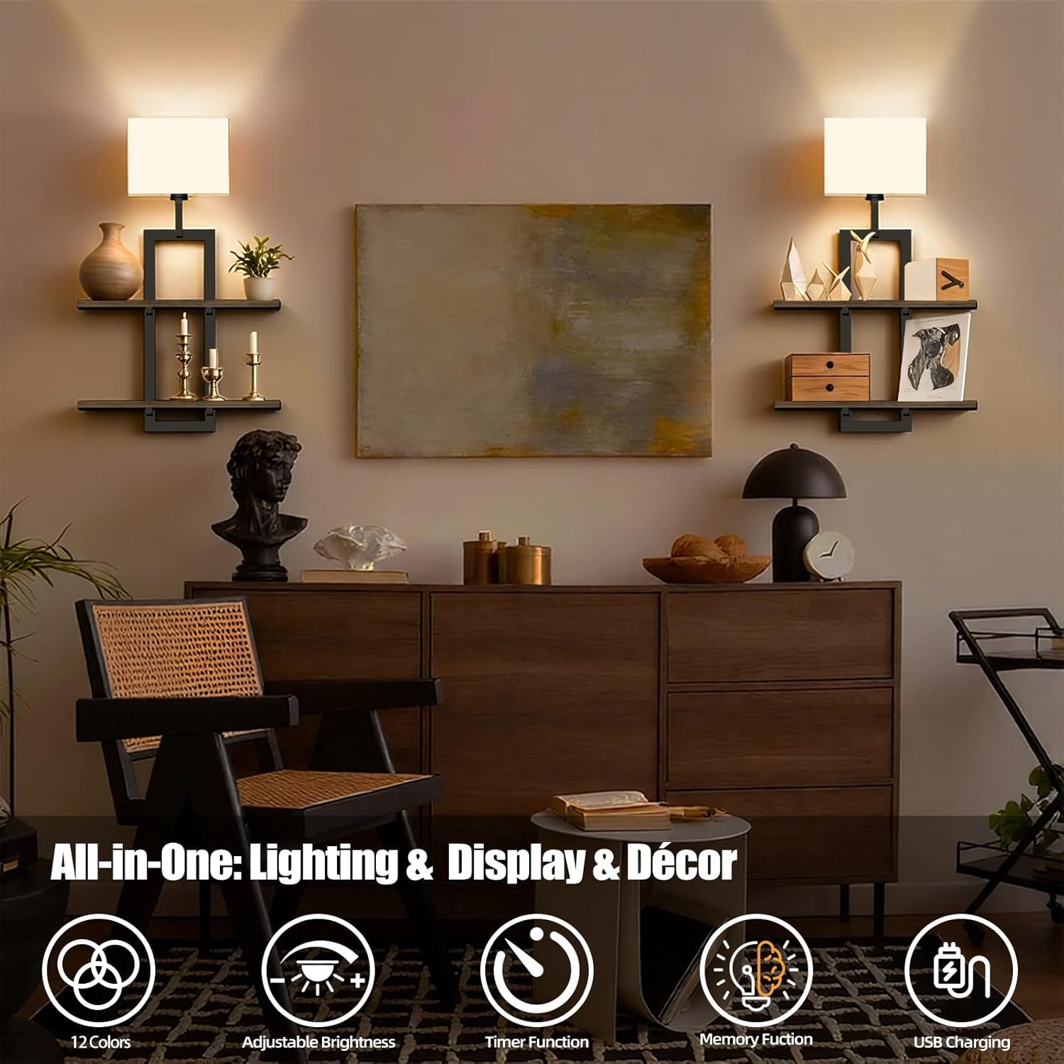 Set of 2 Battery Operated Wall Sconce with 2-Tier Shelf, Remote Wireless Rechargeable Dimmable Wall Lights with Floating Shelves, Wall Lamps for Bedroom Living Room Hallway Bathroom Decor