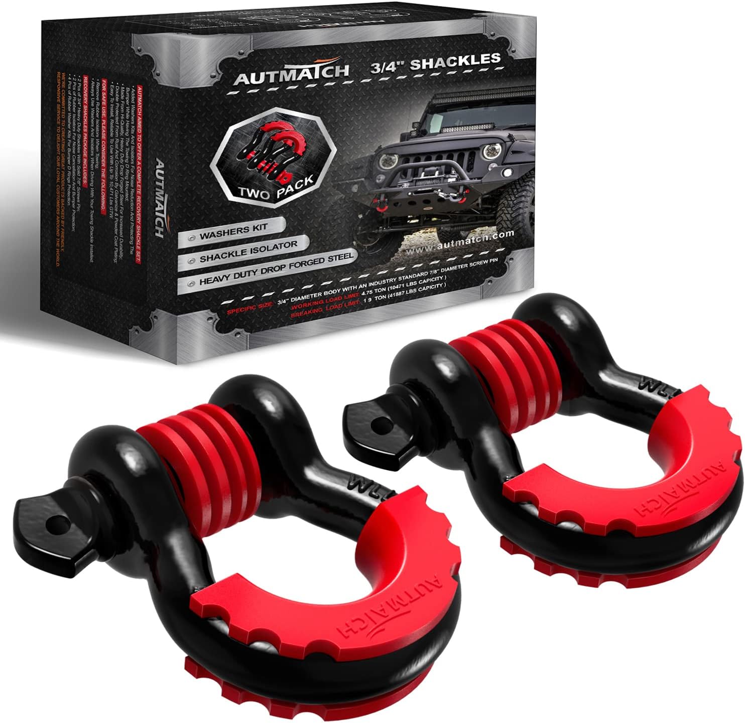 AUTMATCH D Ring Shackle 3/4" Shackles (2 Pack) 41,887Ibs Break Strength with 7/8" Screw Pin and Shackle Isolator Washers Kit for Tow Strap Winch Off Road Vehicle Recovery Red
