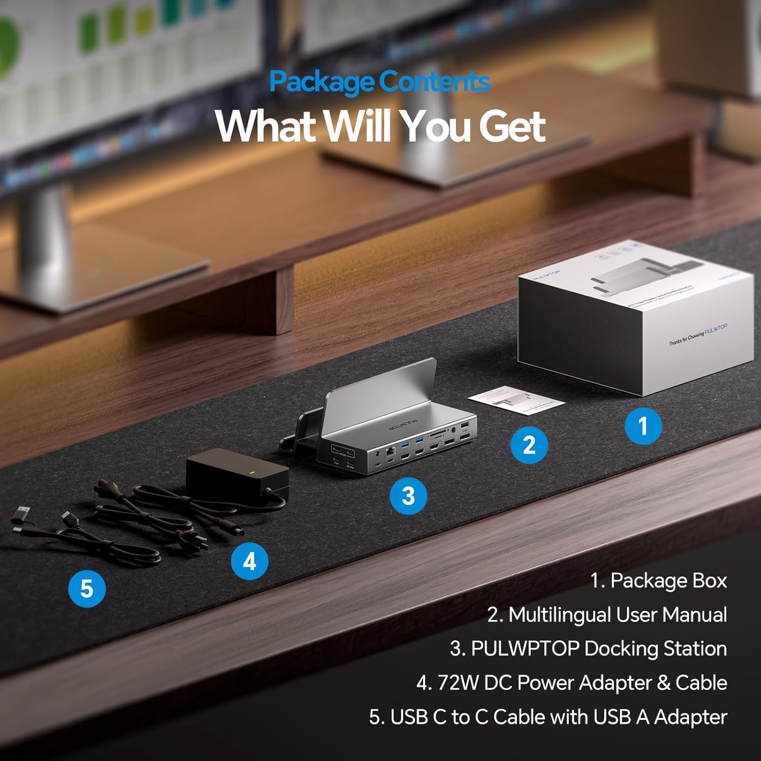 Package contents of the PULWTOP BD242A docking station, showing the docking station, power adapter, USB-C cable, and user manual.