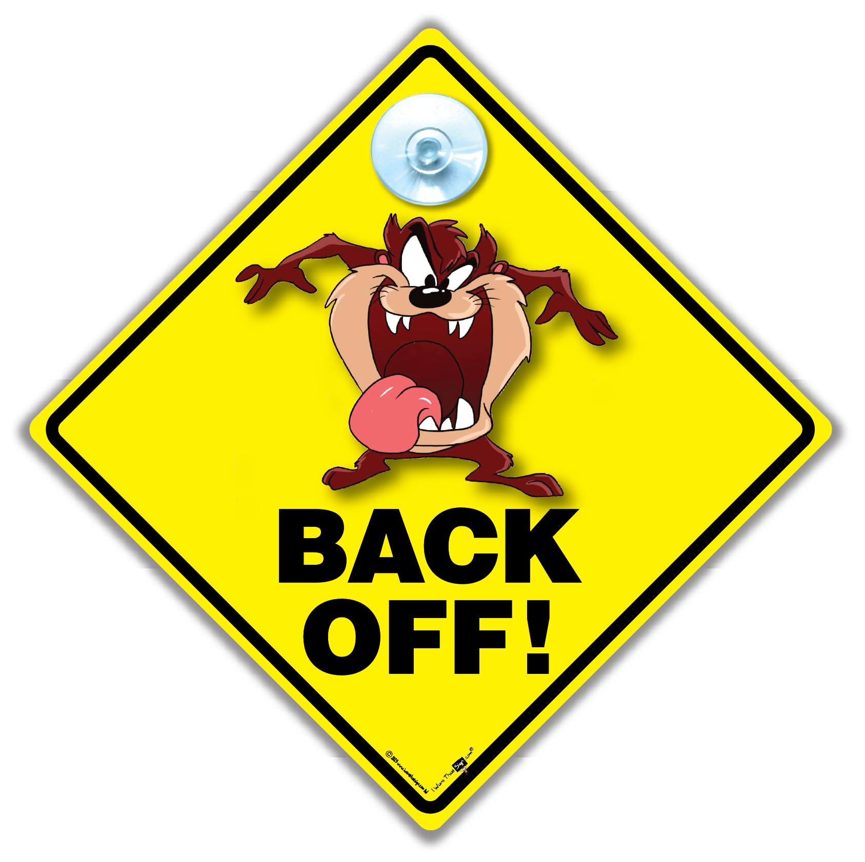 Back Off Car Sign Tasmanian Devil, Anti Tailgating Car Warning Notice,14 cm x 14cm, Bright Yellow with Suction Cup Attachment