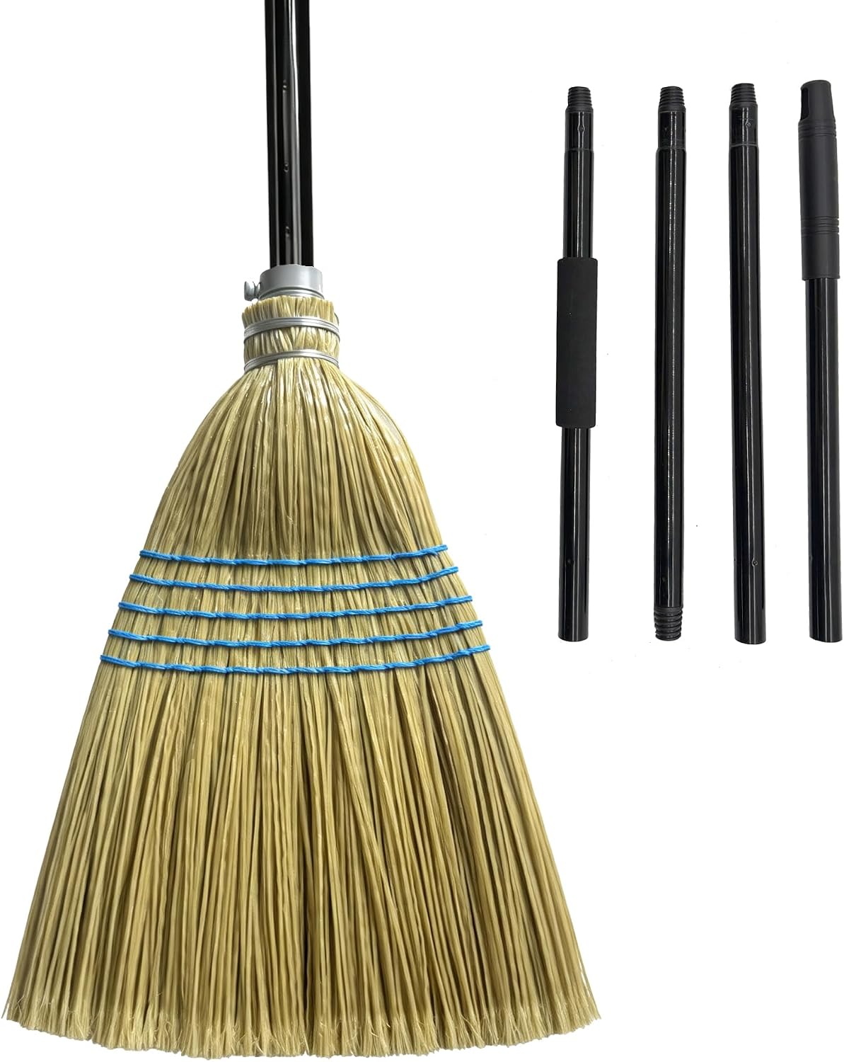 70.5" Heavy Duty Stiff Bristle Broom with EVA Foam Grip - Adjustable 4-Section Long Handle Broom for Yard Garage Patio Driveway Concrete Floor Outdoor Cleaning (Straw Yellow)