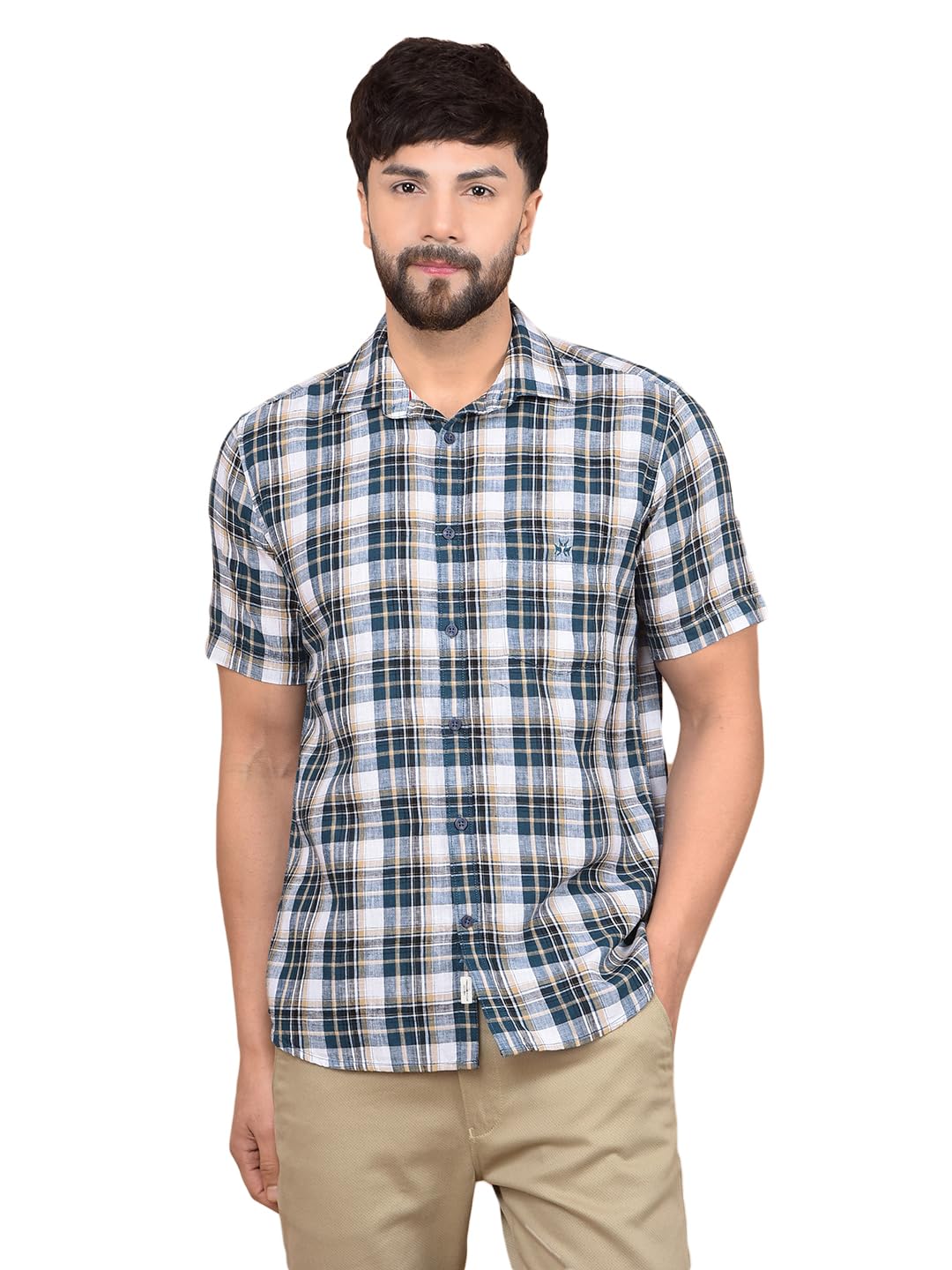 Crimsoune Club Men's Green Checked Linen Shirt-picture-25