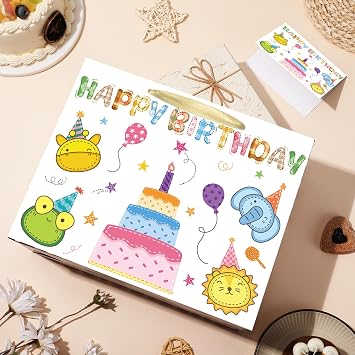 Kids Birthday Gift Bag with Tissue Paper and Card Cute Safari Animal Cake Gift Wrapping Bag - Jungle Zoo Party Supplies for Toddler Boys Girls Birthday Baby Shower