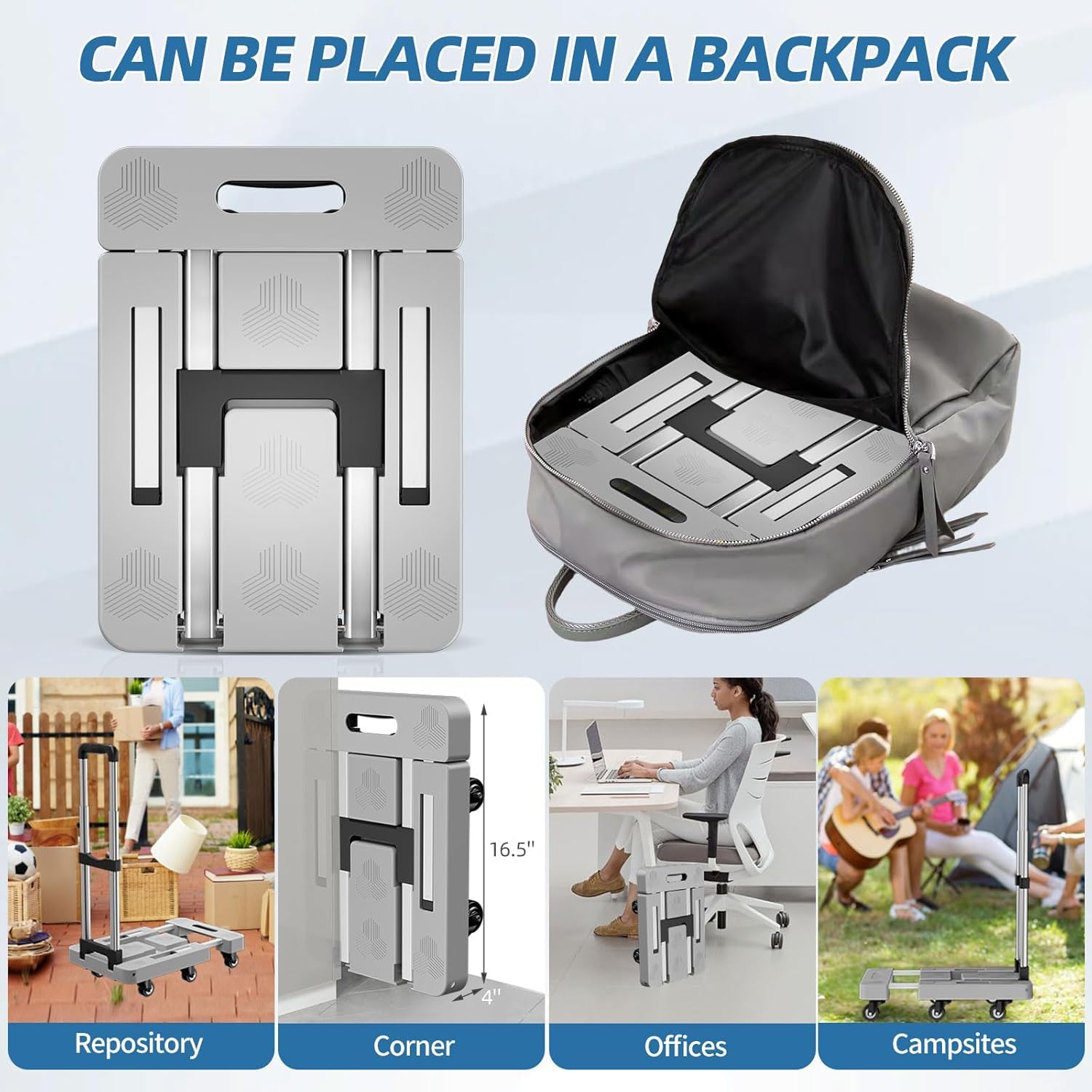 Carretilla de mano plegable, carrito resistente de 6 ruedas, capacidad de 500 libras, mango y base ajustables, plataforma portátil para mudanzas, oficina y viajes, incluye 2 cuerdas y bolsa de