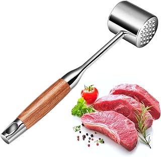Meat Tenderiser, Heavy Duty Meat Hammer, Steak Hammer with Wooden Handle, Double-Sided Meat Tenderiser Made of Stainless Steel, 2-in-1 Robust Hammer for Steak, Chicken, Poultry