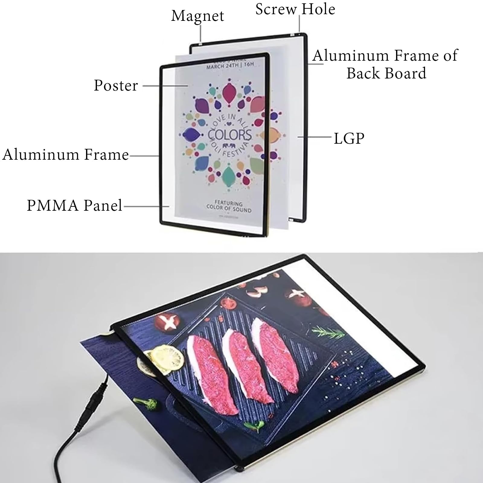 Caja de Luz LED Publicitaria Ultra-Delgada, Marco de Póster Retroiluminado con Diseño Extraíble, Pantalla LED Brillante para Pared, Escritorio o Colgar, Perfecto para Comercio, Cine, Restaurante, A1