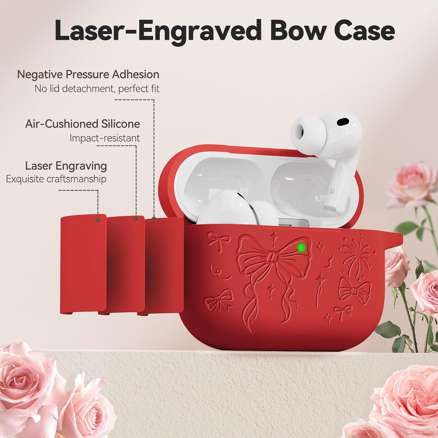 for Airpods Pro 3 Case Cover, Joremx Cute Bow Engraved Silicone Protective Case Cover with Keychain, Cleaner Kit for Airpods Pro 3rd Generation 2025 (Red) image 4