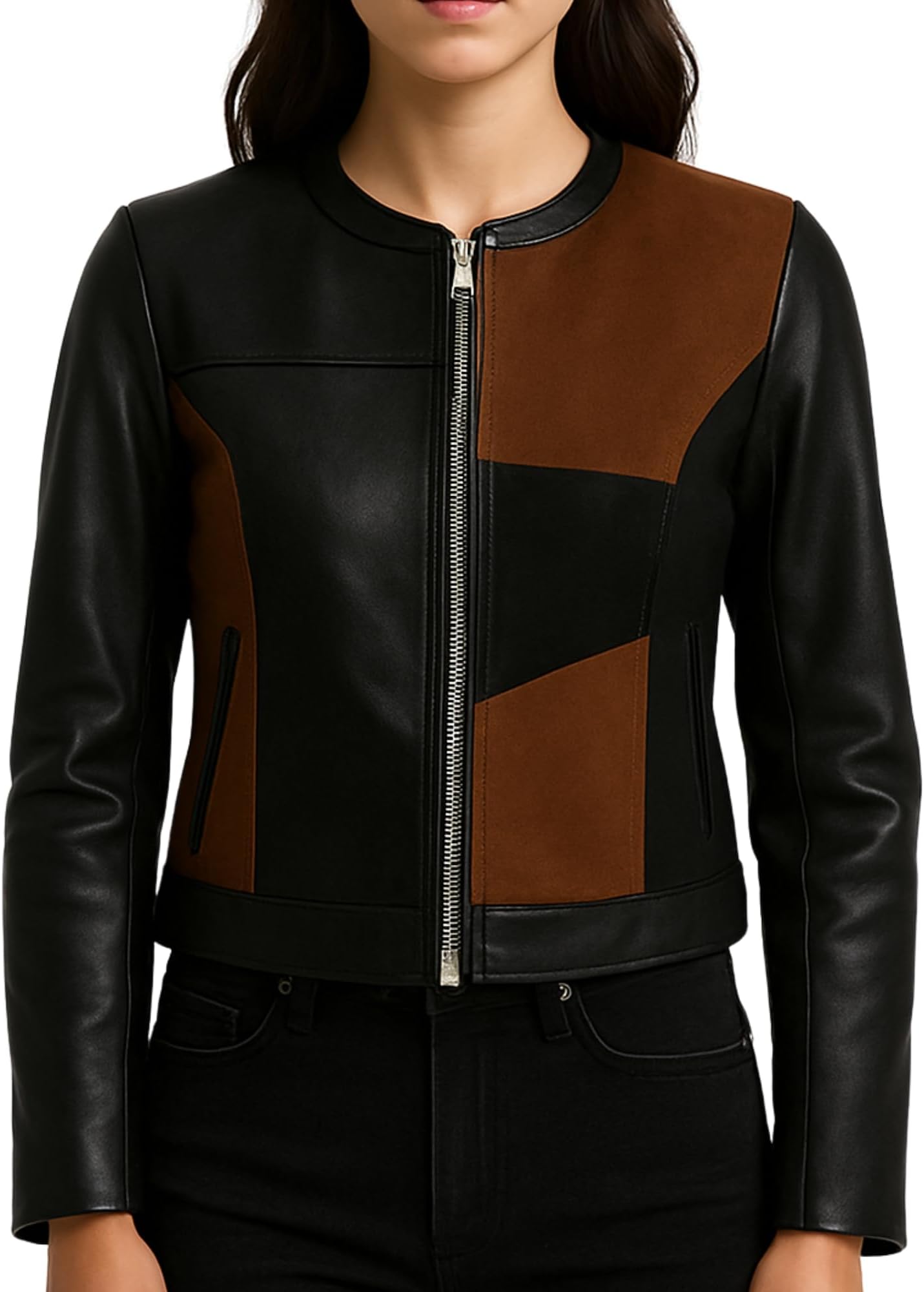 Women's Genuine Leather Jacket with Suede Patchwork – Slim Fit Two-Tone Colorblock Biker Style, All Season Outerwear