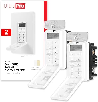 UltraPro 24-Hour Digital In-Wall, Easy-to-Program, Presets, Countdown, ON/OFF Override Button, Light For Indoor Lighting, Porch, Seasonal, Timer Switch, Light, 2 Pack, 47941