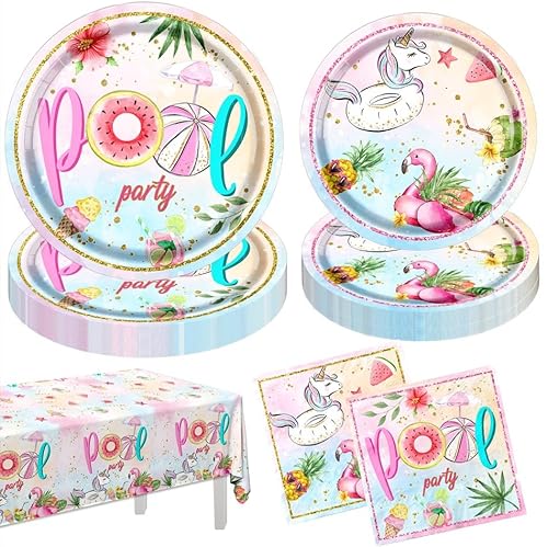 Pool Birthday Party Supplies - 61Pcs Pool Plate and Napkin Tablecloth Summer Pool Flamingo Theme Table Decoration for Summer Birthday,Beach Party