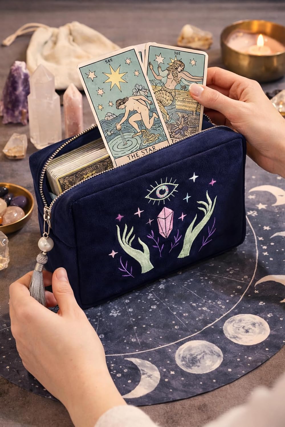 La Muci Velvet Zipper Pouch for Tarot Decks, Oracle Cards and Crystals, Embroidered Mystical Makeup Bag, Soft Velvet Cosmetic Pouch, Travel Organizer Storage Bag with Zipper and Tassel