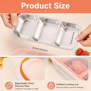 Stainless Steel Snack Box with 3 Compartments, 2 Pack Bento Box Lunch Container with Lid, Leakproof Stainless Steel Bento Lunch Boxs Reusable Food Storage Containers for Candies Spices Nuts Cookies