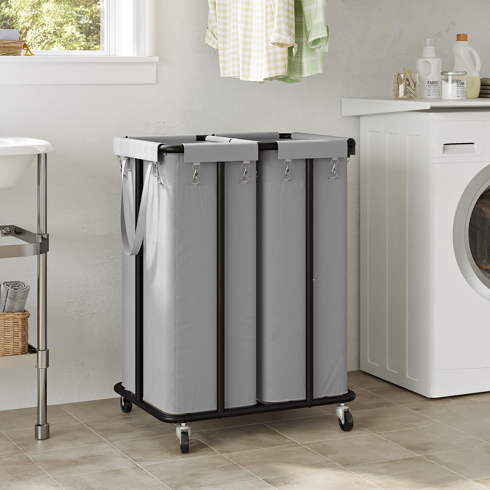 WOWLIVE Doppelter Wäschekorb Mit Rollen – 170 Liter, Großes 2-Fach-System Mit Stahlrahmen & Abnehmbaren Taschen, Perfekt Für Schlafzimmer & Wäscheraum