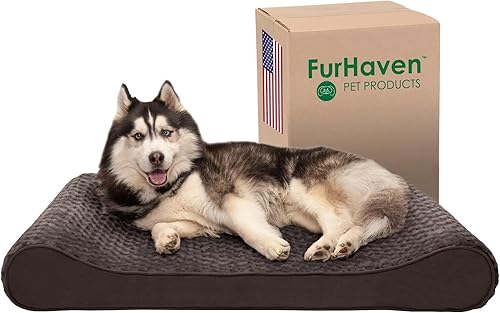 Furhaven - Cama de espuma viscoelástica para perro, piel sintética ultraafelpada y gamuza, con funda extraíble lavable, color chocolate, jumbo (XL)