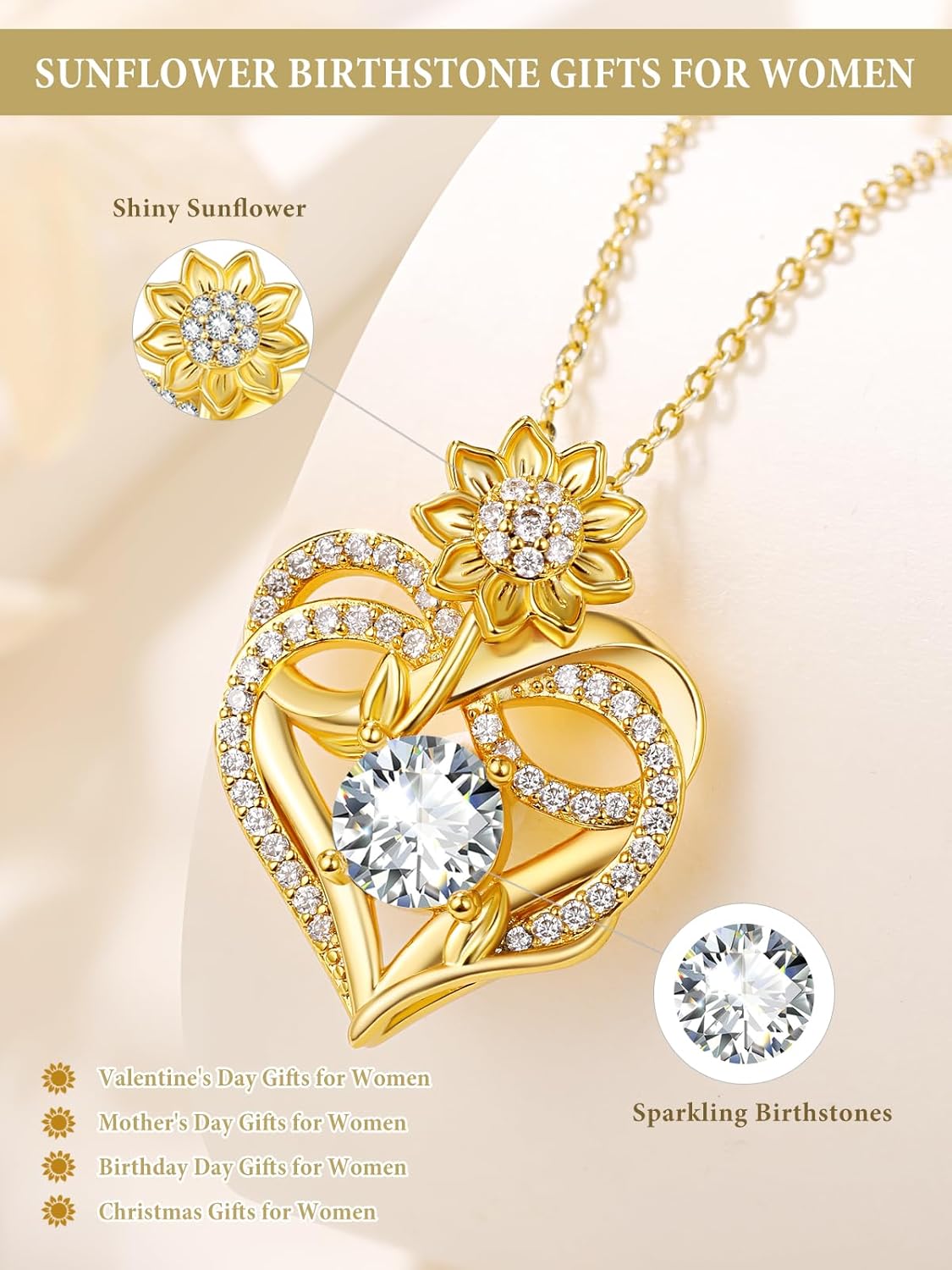 14K Gold Sunflower Birthstone Necklace for Women Infinity Love Heart Necklace Christmas Valentines Mothers Day Anniversary Birthday Gifts for Her Mom Wife Girlfriend Daughter - Image 2