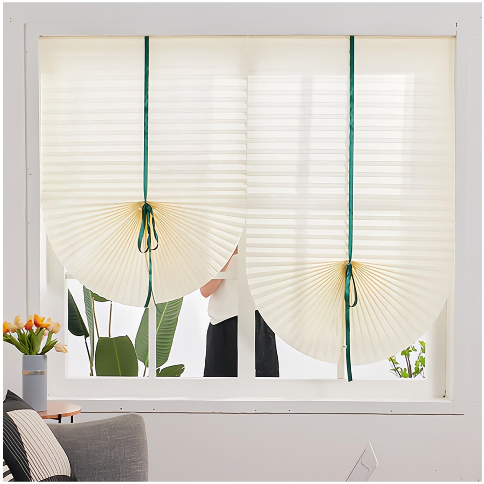Store temporaire sans fil beige 60x180 cm en papier plissé occultant pour fenêtre de bureau