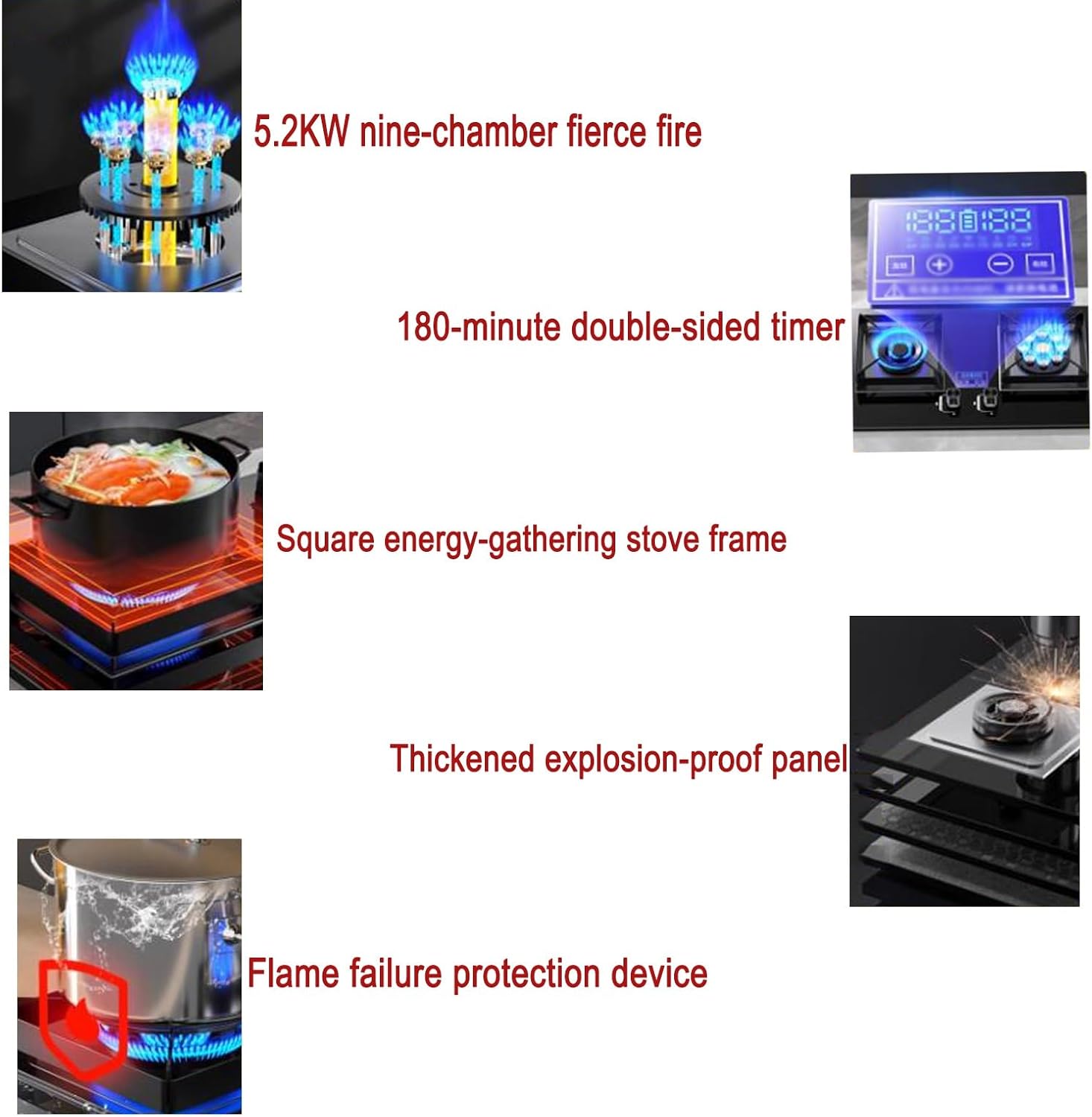 Tabletop And Flush-mounted Gas Ranges, Left 5.0KW Right 5.2KW Double Gas Stove, Pulse Ignition Gas Cooker With Flameout Protection Device And Bilateral Intelligent Timing, Easy To Clean(NG)
