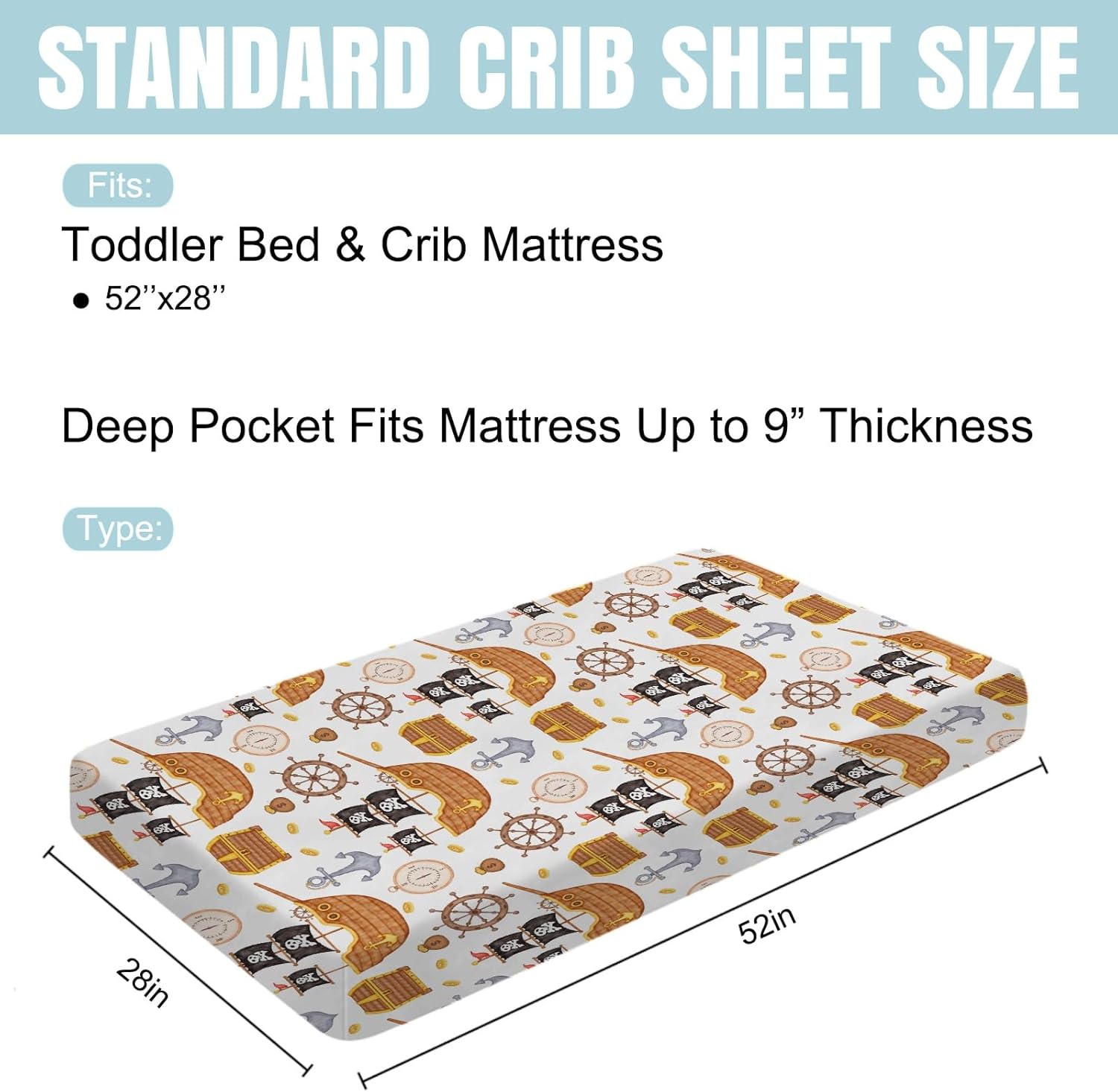 Sea Ocean Baby Crib Sheets 52''x28'' Pirates Ship Compass Anchor Rudder Snug Fitted Crib Mattress Cover for Boy Girl Nautical Life Soft Nursery Bed Sheets for Standard Crib and Toddler Mattresses