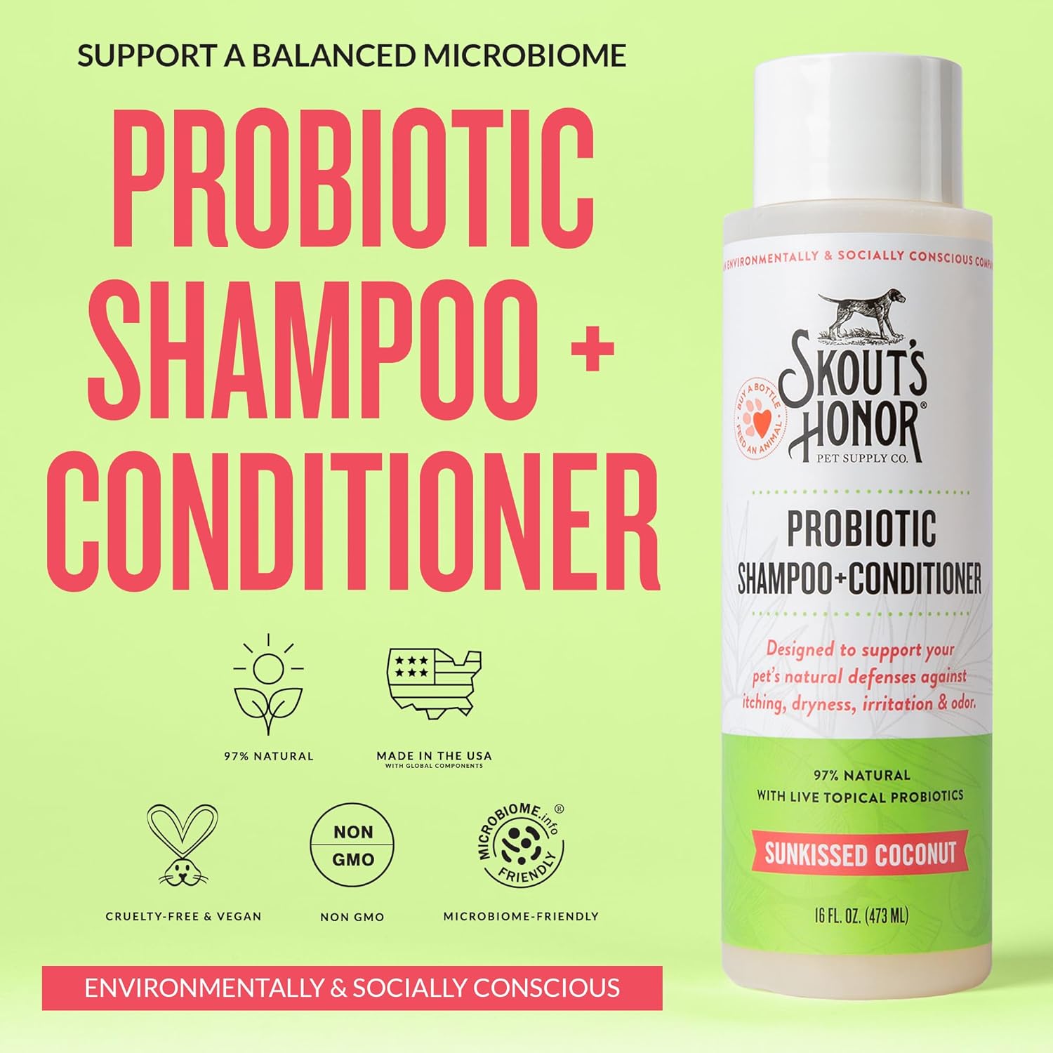 Skout's Honor Probiotic Dog Shampoo & Conditioner with Avocado Oil & Omega-3s, 97% Natural, Paraben & Sulfate-Free, Cruelty-Free, 16oz, Sunkissed Coconut, 2-Pack