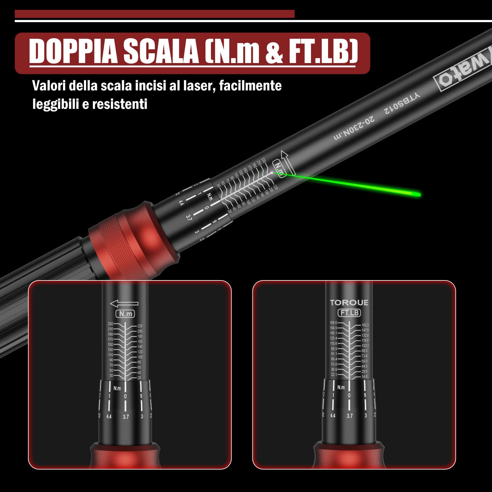 Chiave Dinamometrica 1/2" 20-230 Nm - 6 Pezzi Chiave Dinamometrica Auto, Cricchetto a 72 Denti, con Barra di Prolunga & Adattatore da 1/2 "a 3/8" & Bussole 17mm/19mm/21mm, per Auto, Moto, Cambio Gomme