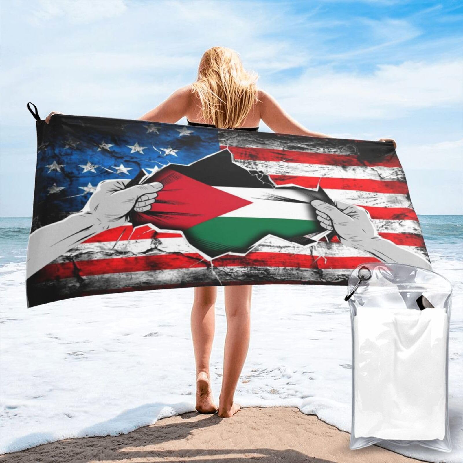 HACXZ American and Palestine Flag Vintage Beach Towel Lightweight Absorbent Beach Towel Microfiber 31.5"X63"