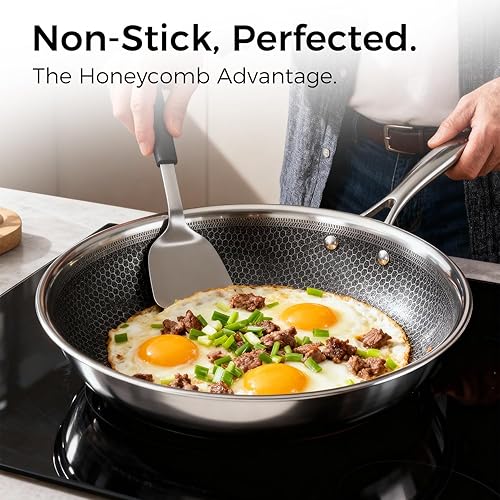 Miniatura 3 de Juego de ollas y sartenes antiadherentes, 14 piezas híbridas hexagonales de acero inoxidable con sartenes, sartén, cacerolas y olla de caldo,