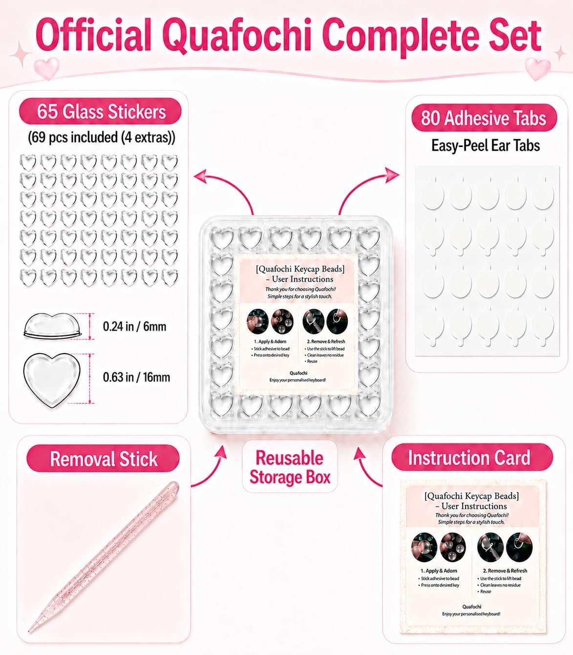 65pcs Long Nail Keyboard Bubbles, Ergonomic Raised Glass Heart Keyboard Stickers, Reusable Keyboard Nail Bubbles, No-Residue, Easy to Apply, for Desktop, External Keyboards, Calculators