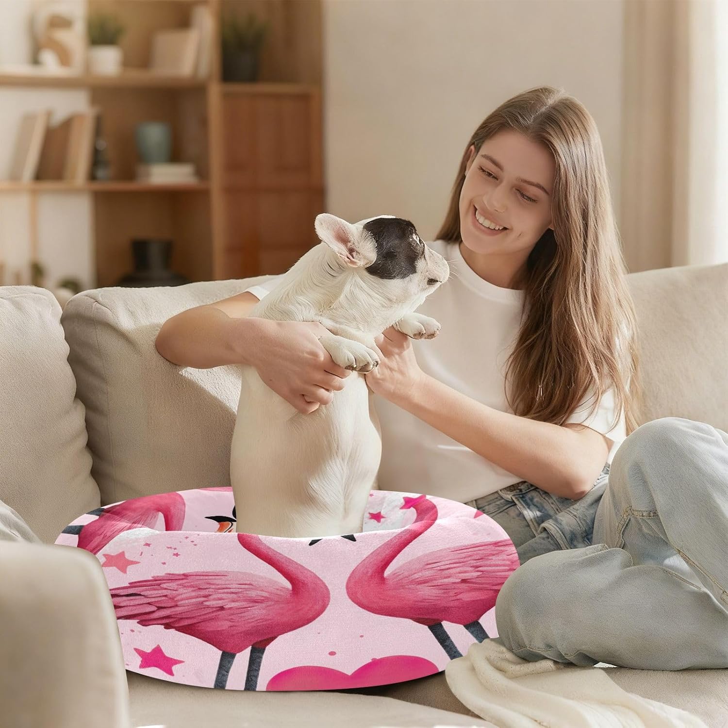 Dog Bed Ultra Soft Fluffy Comfortable Cat Bed, Flamingos Washable Dog Beds Anti-Slip Round Pet Beds for Medium Dogs