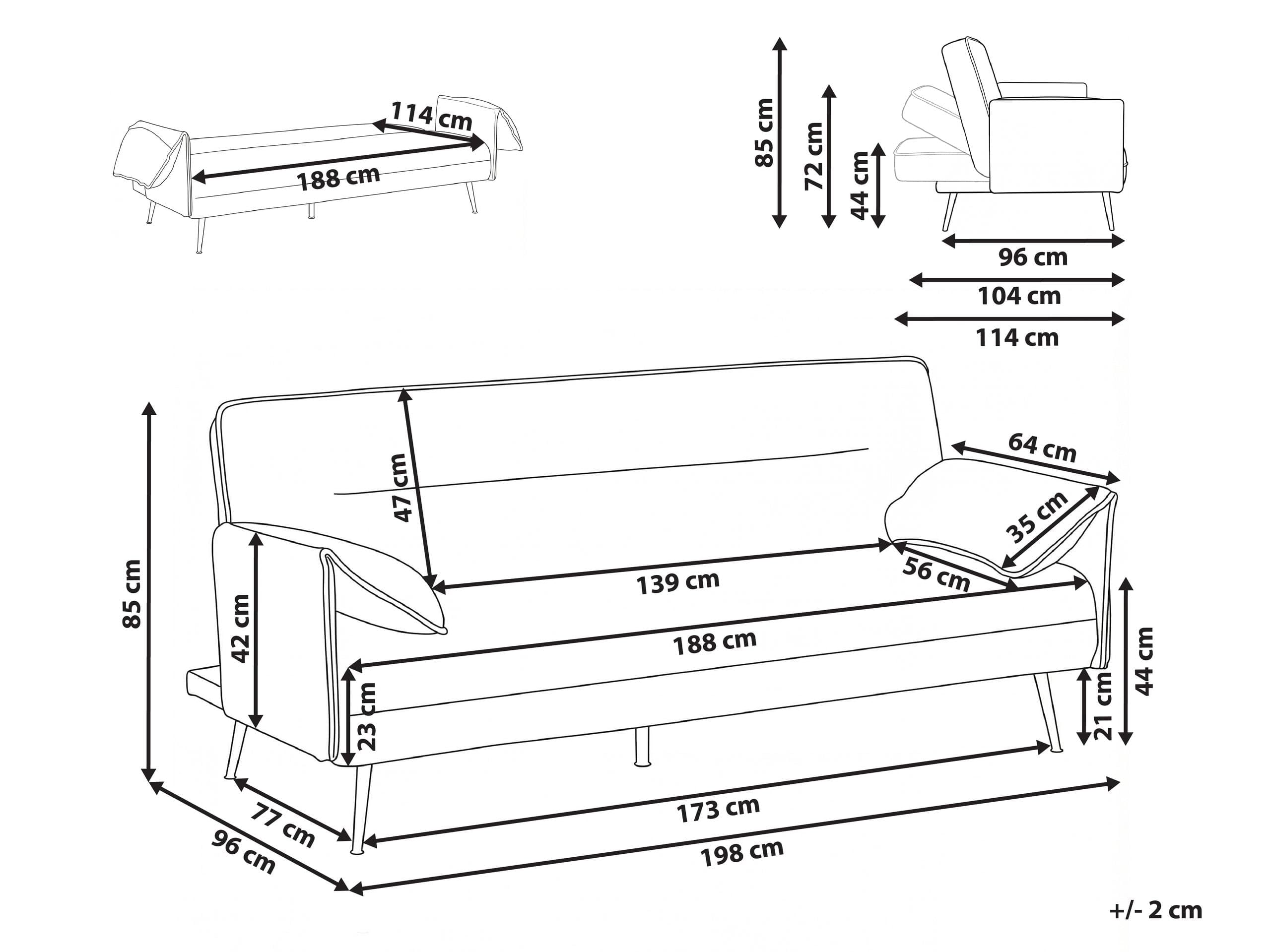 Sofa rozkładana 3-osobowa materiałowa wodoodporna tapicerka drewniane nogi z regulowanymi podłokietnikami mechanizm klik-klak salon sypialnia szara Vayla