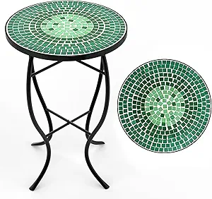 Mosaic Outdoor Side Table, Patio Side Table, Weather Resistant 14" Diameter 21" H Ceramic Tile Round Outside Table for Patio, Porch, Garden, Pool, Indoor&Outdoor,Plant Stand,