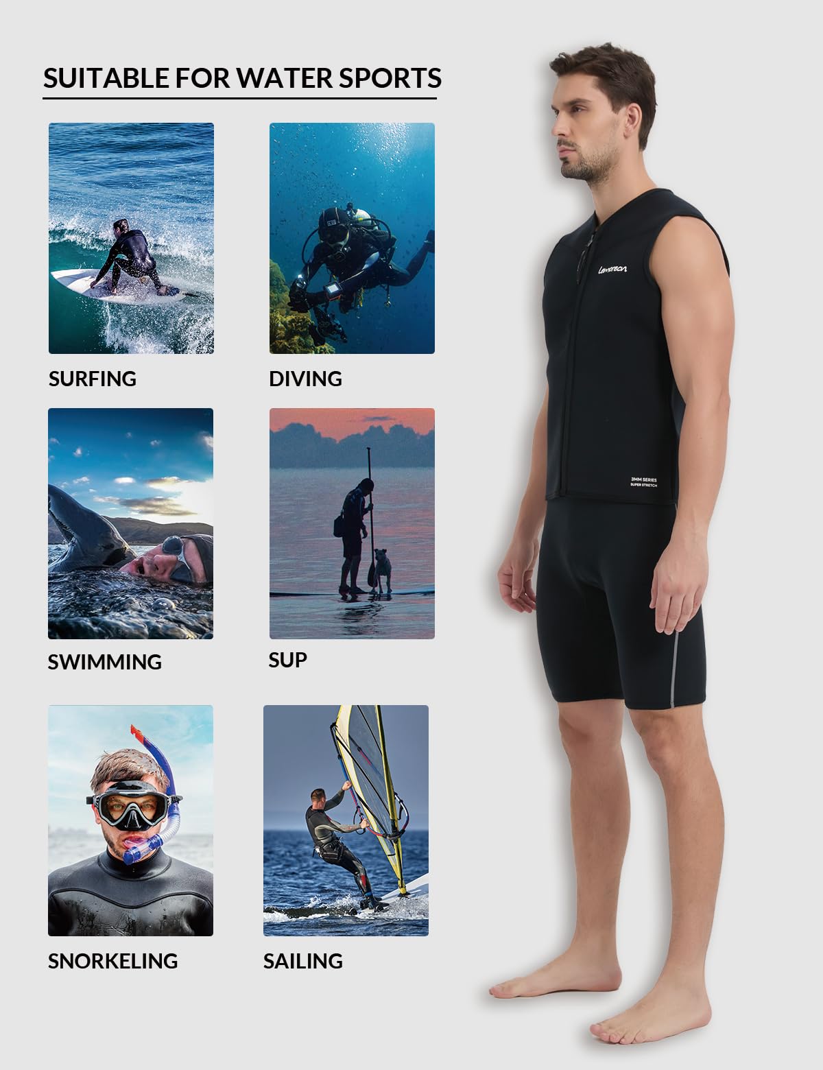 Lemorecn Combinaison en néoprène pour homme et femme - 3 mm - Sans manches - Fermeture éclair avant - Gilet en néoprène pour sports nautiques