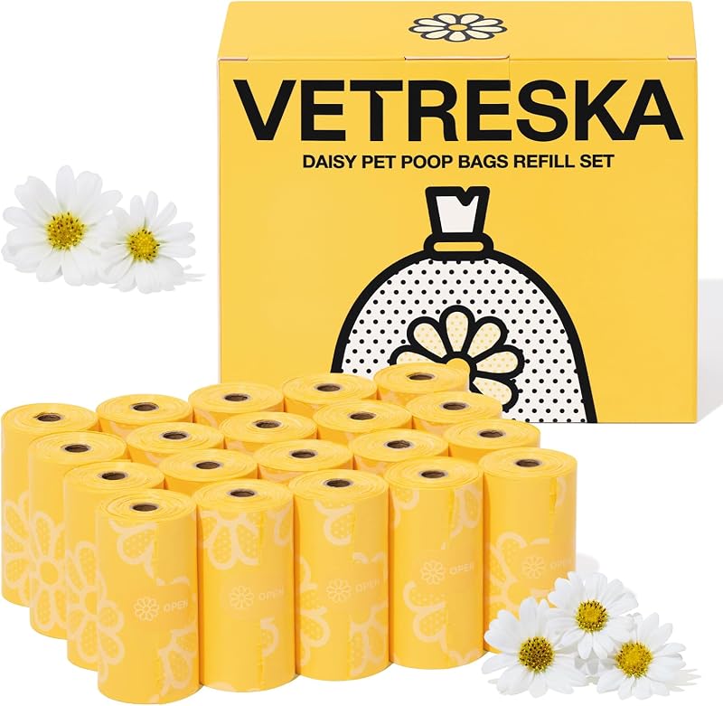 VETRESKA Daisy Scented Dog Poop Bags, 300 Counts, Leak-proof | Extra Thick and Large Pet Waste Bags for Dog Walking and Cat Litter, 20 Refill Rolls