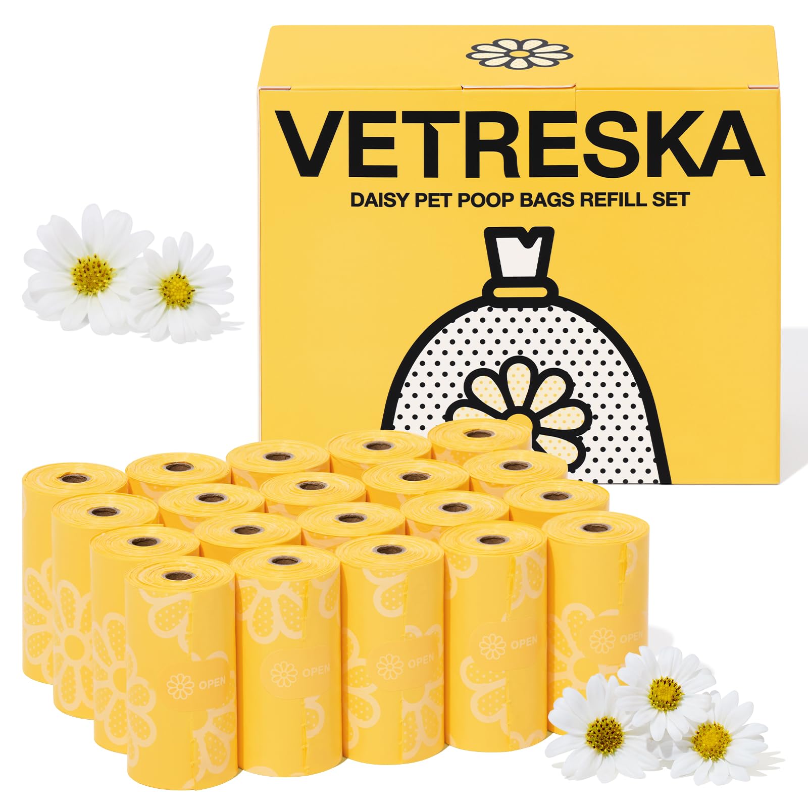 VETRESKA Daisy Scented Dog Poop Bags, 300 Counts, Leak-proof