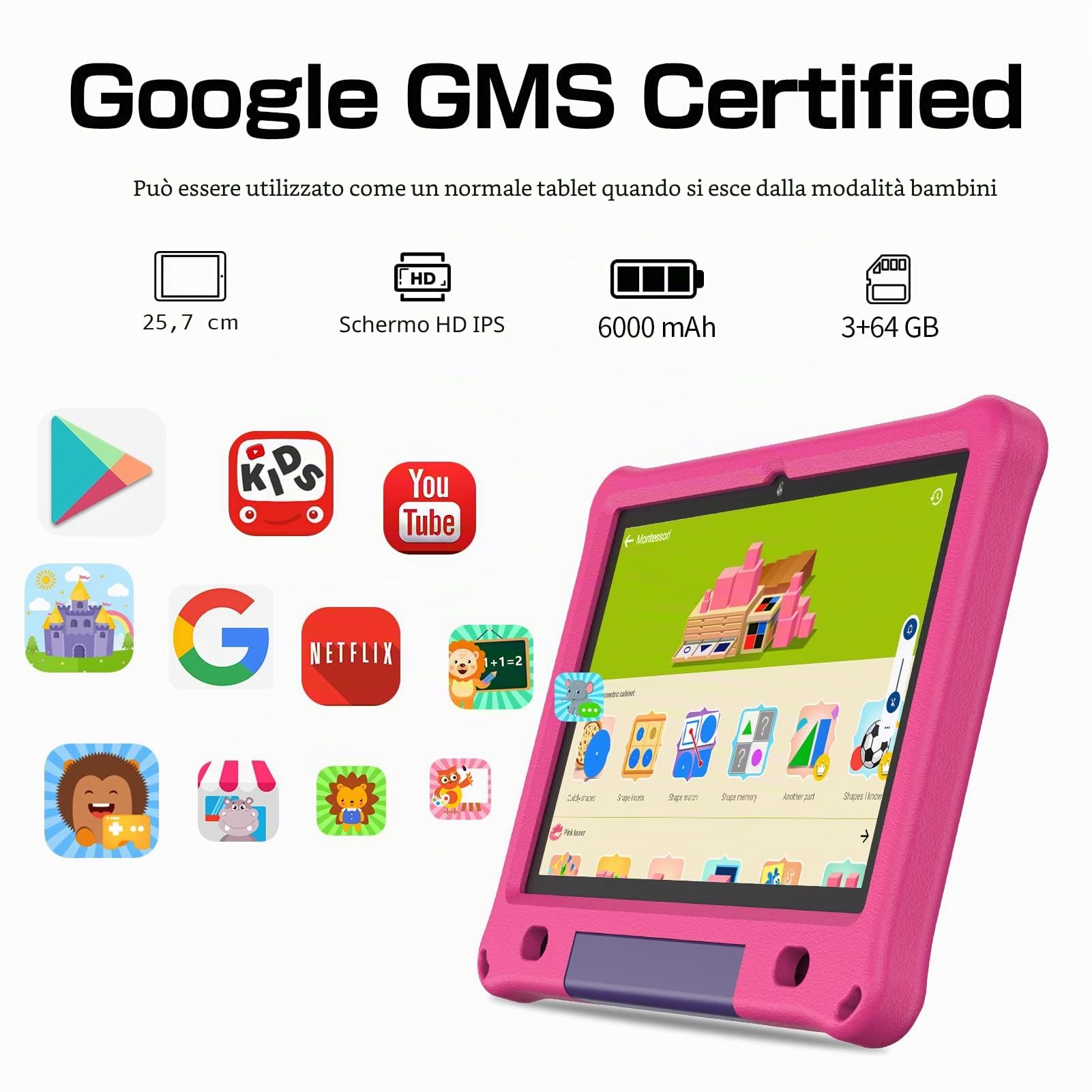PRITOM Tablet Android 12 per bambini, schermo IPS HD da 10 pollici, 3GB+64GB, software per bambini preinstallato IWAWa, controllo app educative di gioco, WiFi, con custodia a prova di bambino, rosa