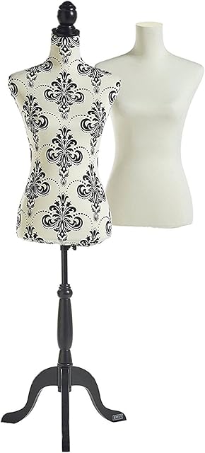 BTFY Mannequin Female - Dressmakers Tailors Dummy w/ 2 Removable Covers - UK Size 8/10 Decorative Dress Form Body w/Adjustable Height - Seamstress Model for Shop Display - Plain White & Black Damask