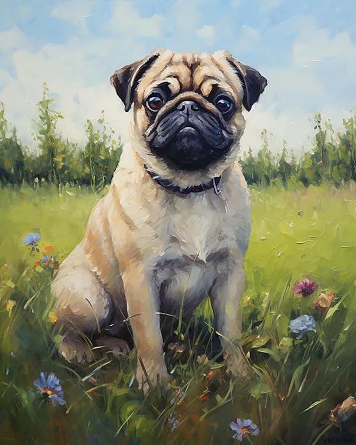 VNUIEHG Digital Oil Painting Artwork, Pug on The Grass, Painting by Numbers Perfect for Gift Decor, 40x50cm, Without Frame