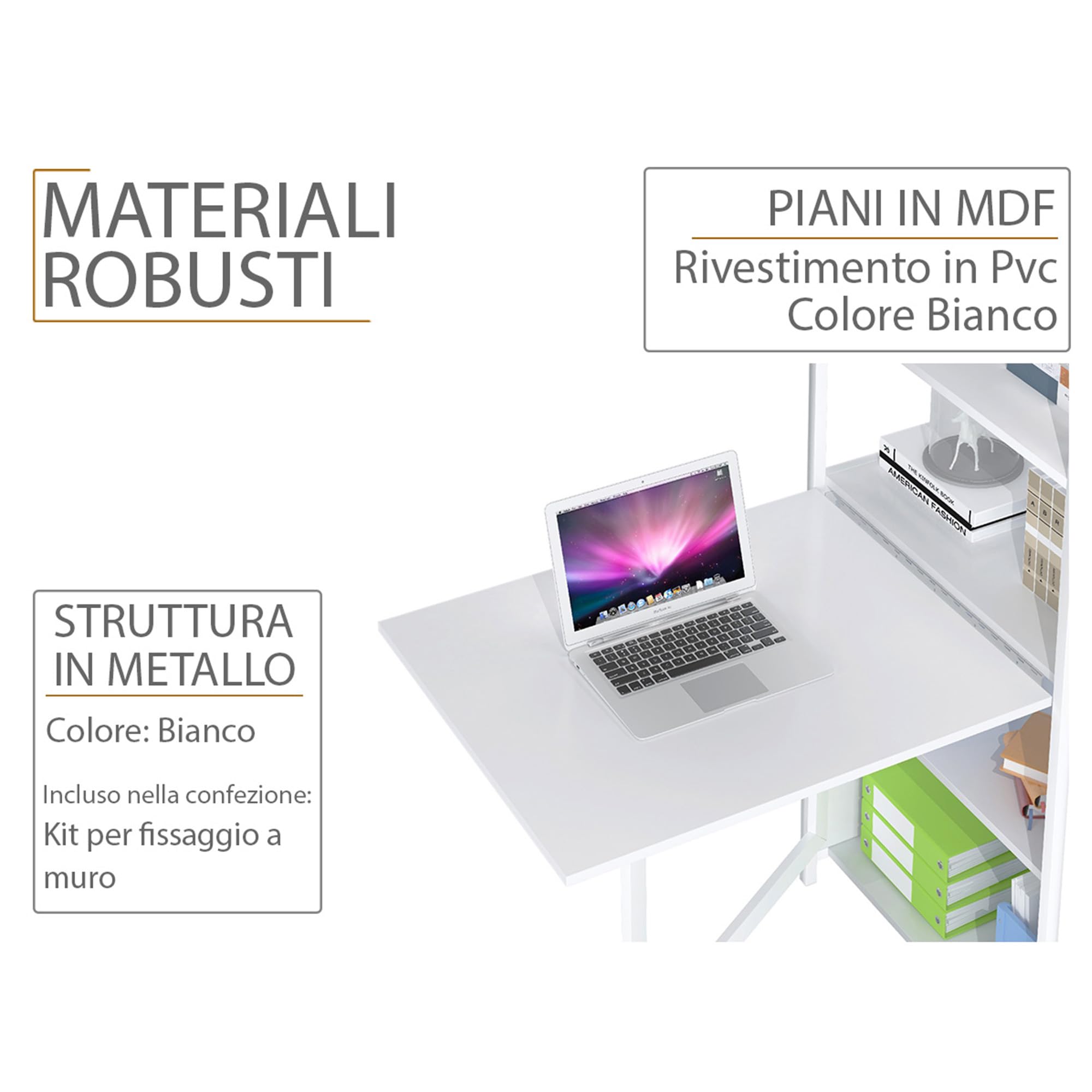 yelloo - Scrivania Salvaspazio Piccola, Scrivania Bianca con Cassetti per Ufficio, Cameretta, Tavolo Scrivania a Muro dal Design Semplice Ideale per Zona Studio e Smart Working (Mod. COMPACT)