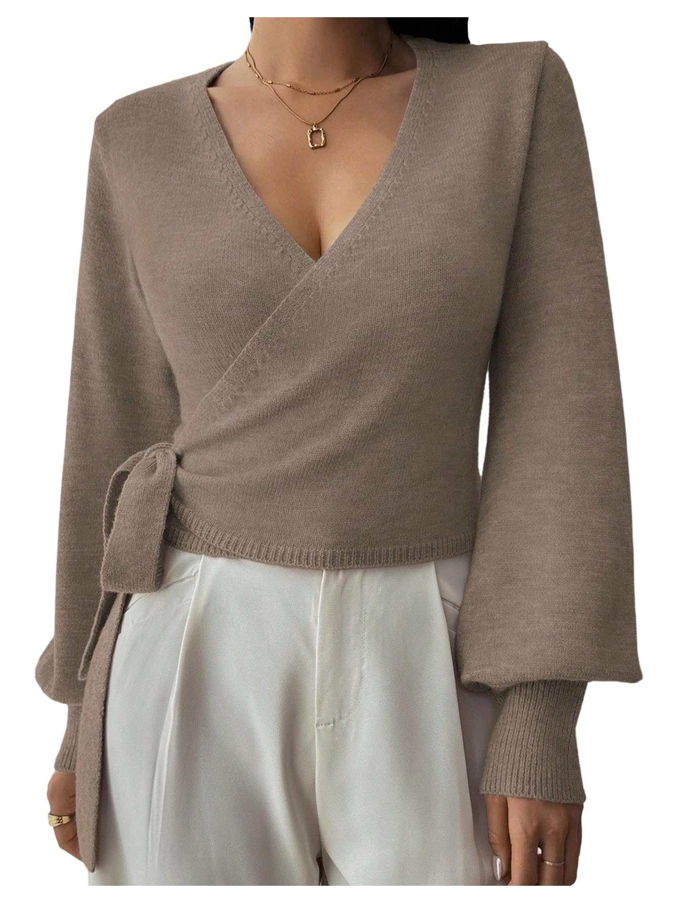 SHENHE Womens Casual V Neck Wrap Sweater Pullover Long Sleeve Slim Fit Knit Crop Top Sweater