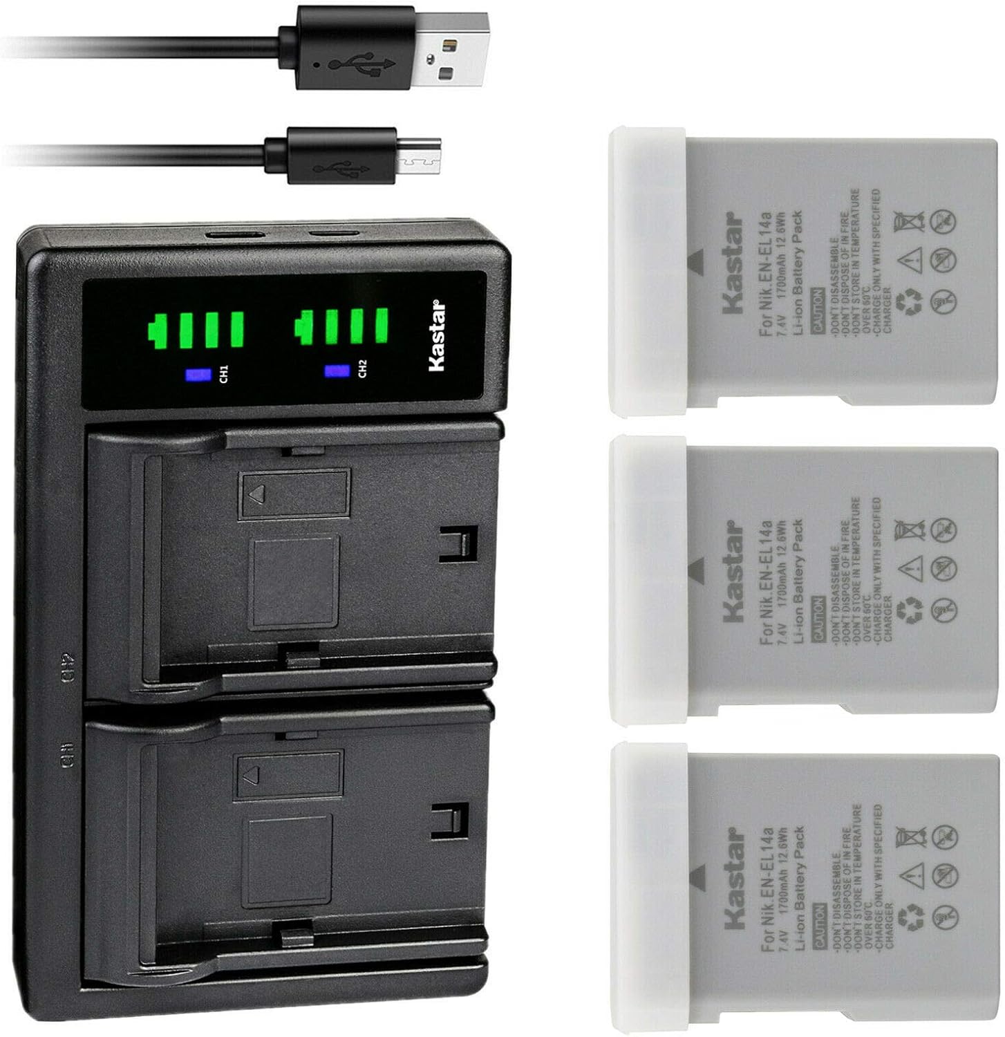 Kastar 3-Pack EN-EL14a Battery and LTD2 USB Charger Replacement for Nikon D5300 DSLR Camera, D5500 DSLR Camera, D5600 DSLR Camera, Df DSLR Camera, Coolpix P7000 Camera, Coolpix P7100 Camera