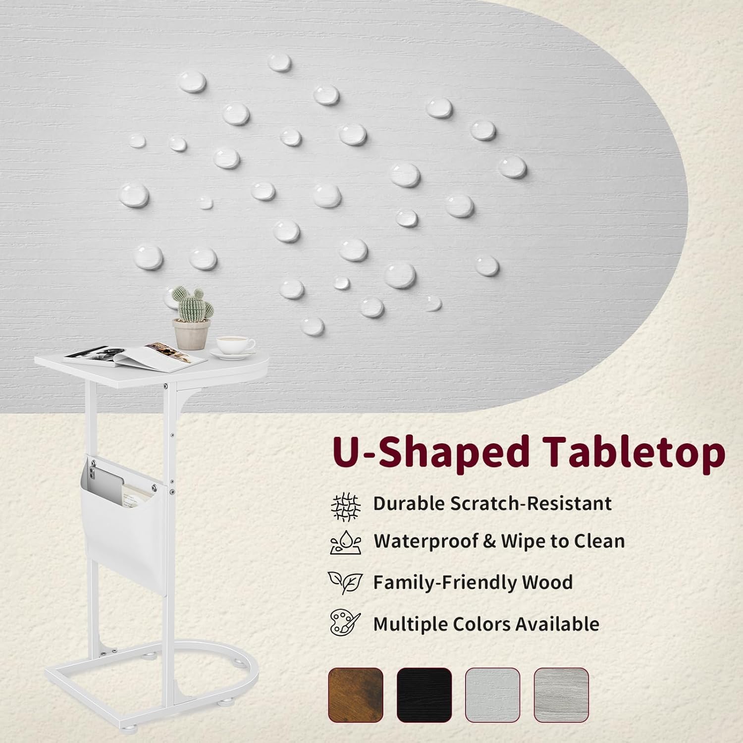 C Shaped End Table, Small Side Table for Couch, C Table for Sofa with Storage Bag that Slide Under, TV Tray Tables for Recliner Living Room Bedside Bedroom Small Spaces White