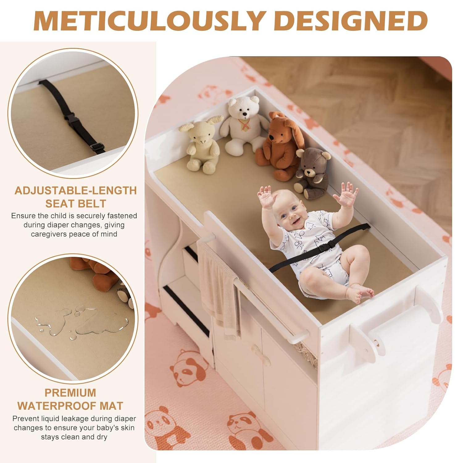 PAKASEPT Baby Changing Table with Stairs & Storage, Nursery Dresser Modern Diaper Changing Station, Dresser for Nursery with Adjustable Shelves, Storage Crib with Changing Table