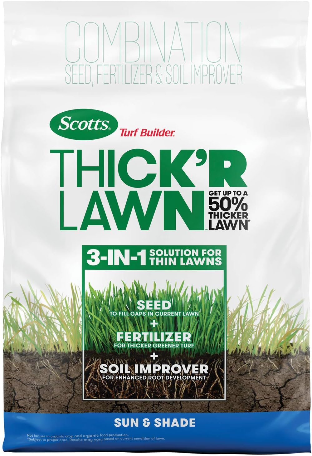 Turf Builder Thick'R Lawn Sun and Shade, 12 lb. - 3-in-1 Solution for Thin Lawns - Combination Seed, Fertilizer and Soil Improver for a Thicker, Greener Lawn - Covers 1,200 sq. ft.