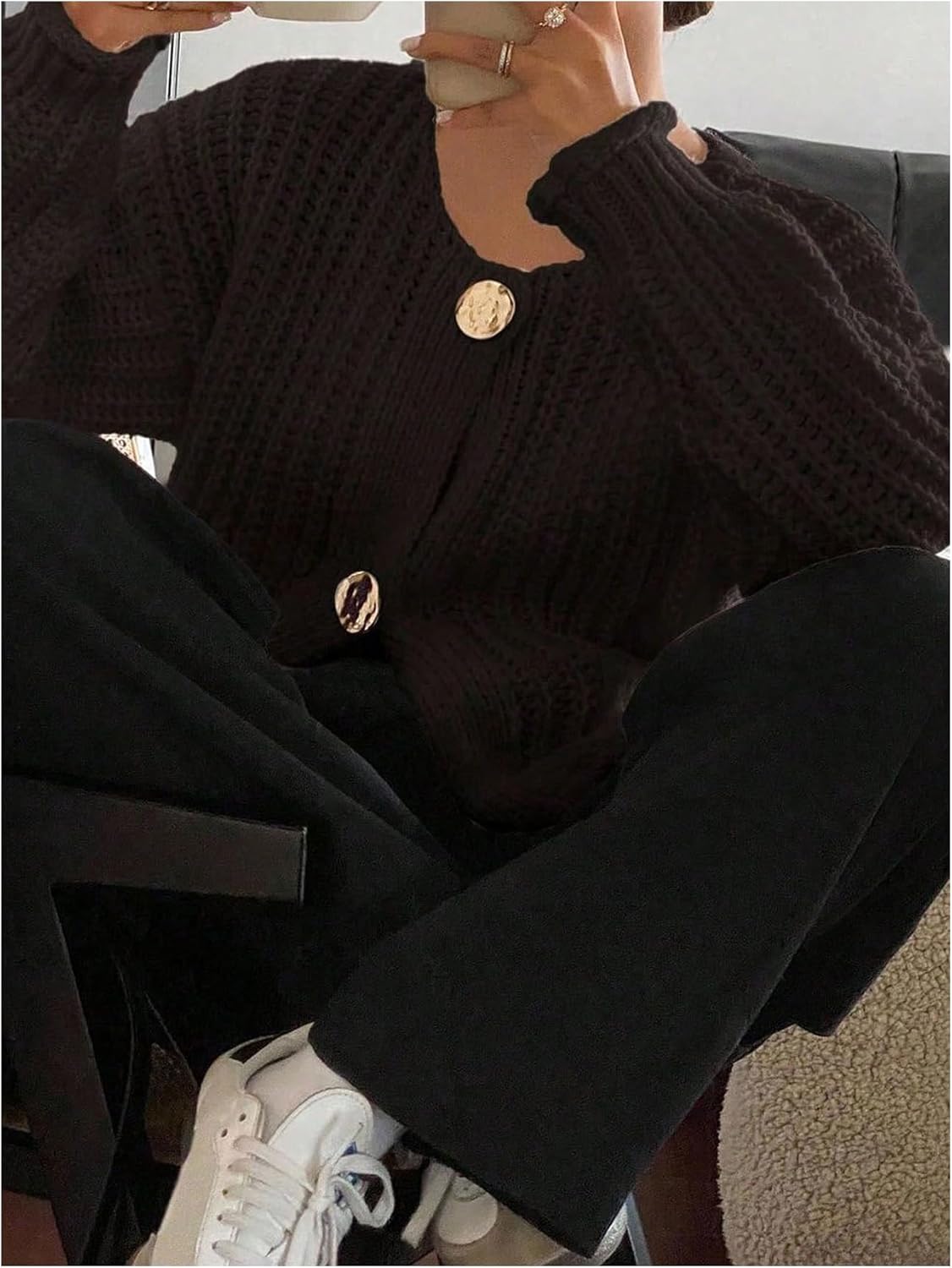 Women's Button Down Knit Cardigan Long Sleeve Crewneck Sweaters Outerwear Fall Aesthetic Outfits - Image 2